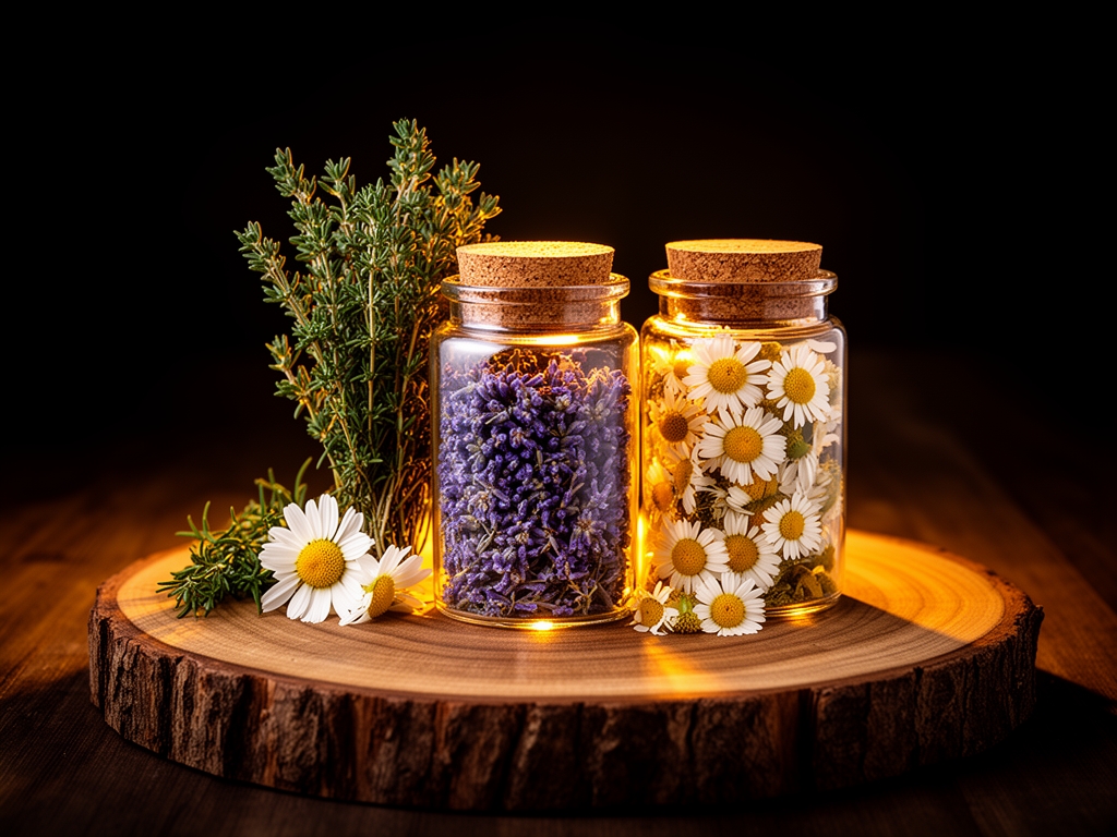 Glasburkar med torkade örter — timjan, lavendel, kamomill — uppradade på en träbordsskiva med mörka skuggor och varmt amber-ljus som lyser upp korkarna