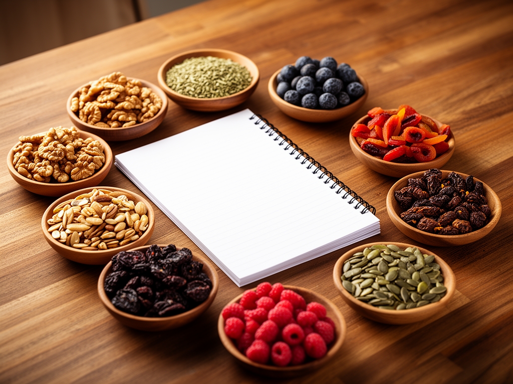 Topvy av träbord med skålar av nötter, torkade frukter, frön och bär arrangerade estetiskt runt ett anteckningsblock i ett varmt naturligt ljus
