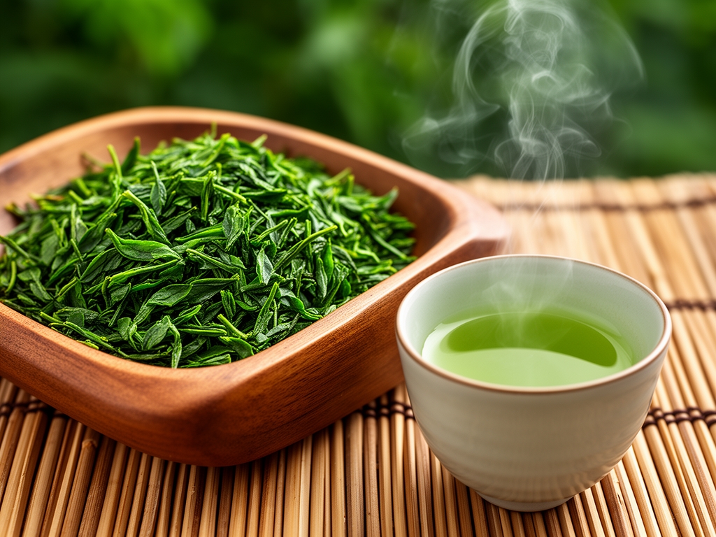 Friska gröna te-blad i ett träfat bredvid en kopp ångande grönt te på ett bambuunderlag — symboliserar naturlig vitalitet och energi