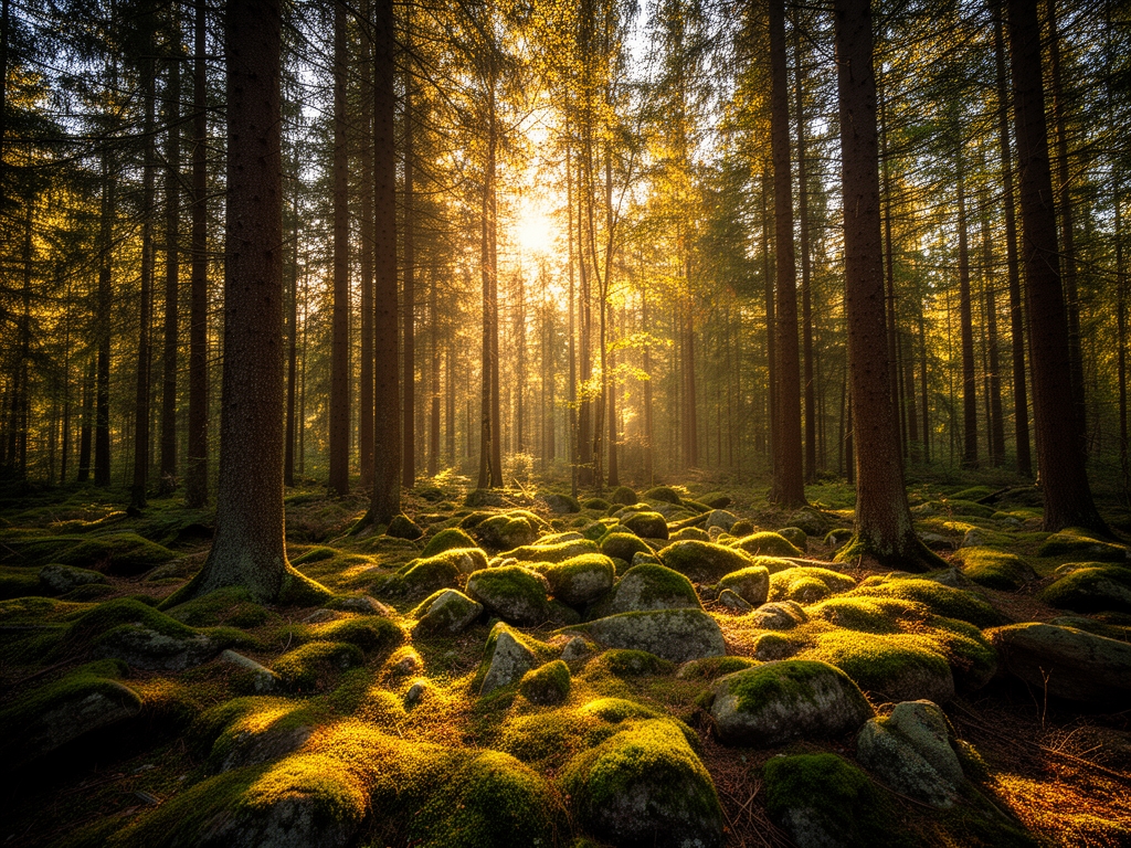 Skogstig omgiven av höga barrträd med solstrålar som bryter igenom lövverket och skapar guldiga ljusfläckar på mossbeklädda stenar