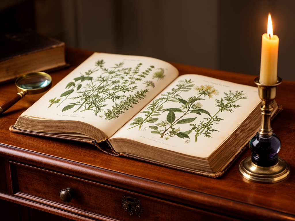 Öppna antika böcker med botaniska illustrationer av örter och växter på ett trämöbelbord bredvid ett förstoringsglas och ett bläckhorn i varmt stearinljusljus