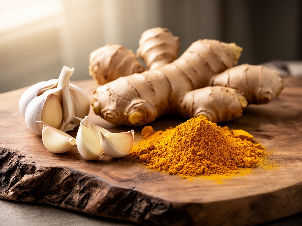 Närbild på fräsch ingefärsrot, vitlöksklyftor och gurkmejapulver på en rustik träskärbräda med naturligt sidljus