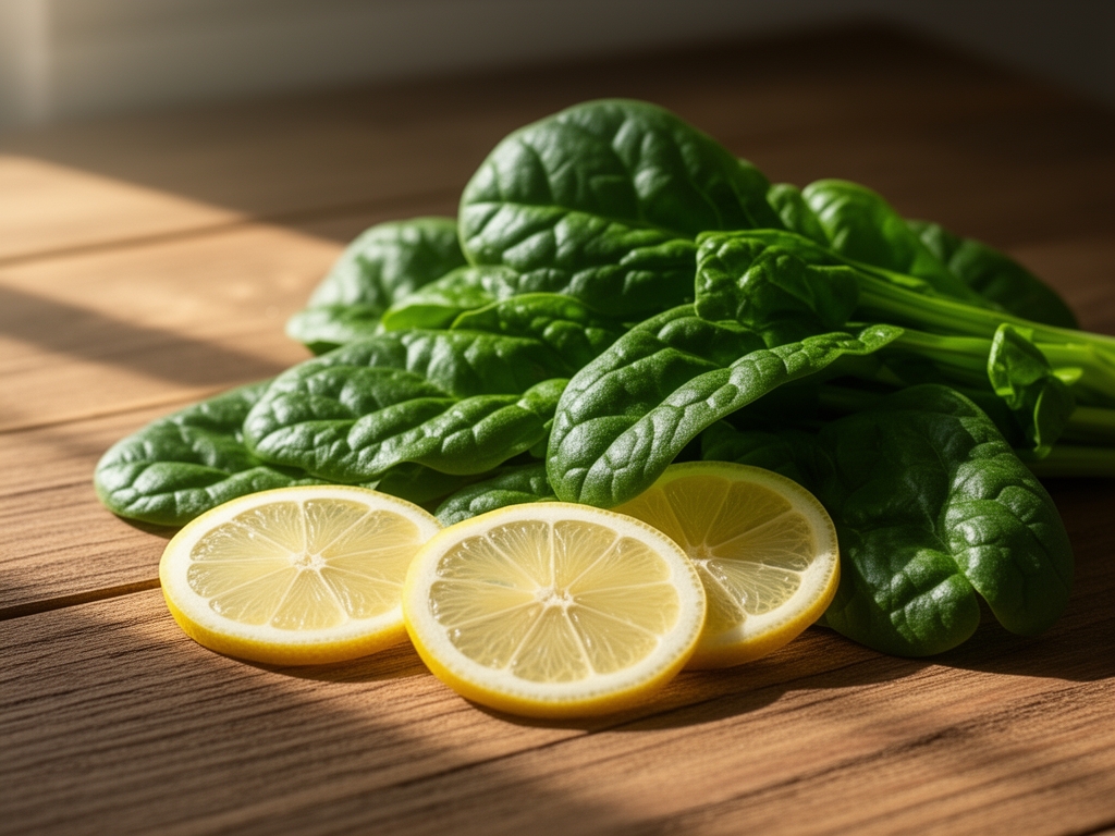 Närbild på friska gröna spenatblad och citronskivor på ett träbord med morgonljus som skapar mjuka skuggor — symboliserar naturlig vitalitet