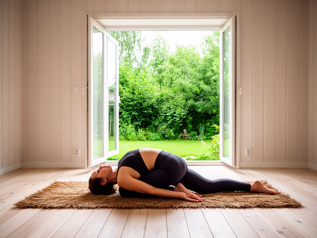 Person i avslappnad yogaposition på en matt av naturmaterial i ett ljust rum med träplankor och ett öppet fönster mot en grön trädgård