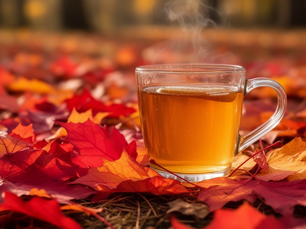 Höstlöv i rött och orange på marken bredvid ett glas med varmt te och honung — naturlig atmosfär av säsongsövergång